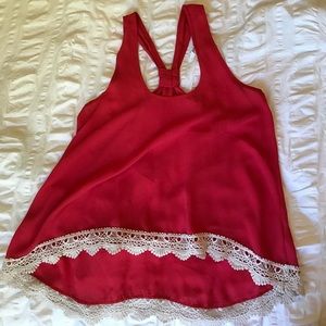 Red high/low tank with lace trim