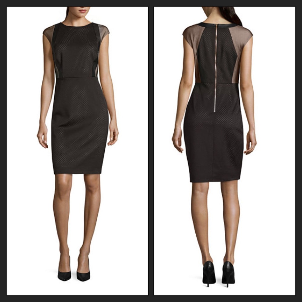 NWT Sexy Black/Tan Cap Sleeve Sheath Midi  Dress