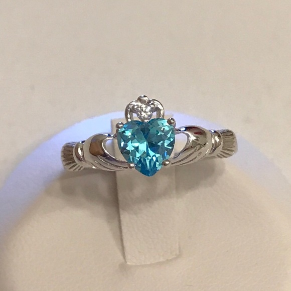 Sterling Silver Irish Claddagh Aquamarine CZ Ring, March Birthstone, Heart Rings - Picture 1 of 7
