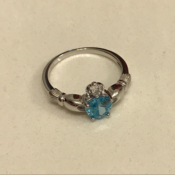 Sterling Silver Irish Claddagh Aquamarine CZ Ring, March Birthstone, Heart Rings - Picture 3 of 7