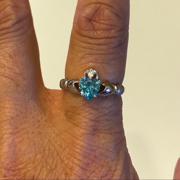 Sterling Silver Irish Claddagh Aquamarine CZ Ring, March Birthstone, Heart Rings - Picture 4 of 7