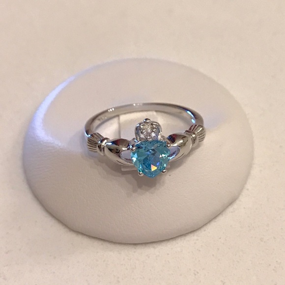 Sterling Silver Irish Claddagh Aquamarine CZ Ring, March Birthstone, Heart Rings - Picture 5 of 7