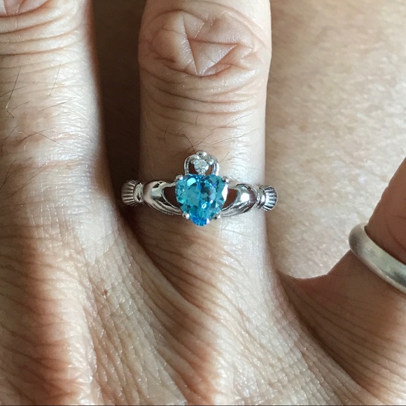 Sterling Silver Irish Claddagh Aquamarine CZ Ring, March Birthstone, Heart Rings - Picture 6 of 7