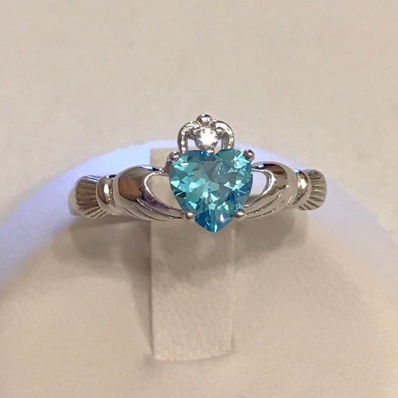 Sterling Silver Irish Claddagh Aquamarine CZ Ring, March Birthstone, Heart Rings - Picture 7 of 7