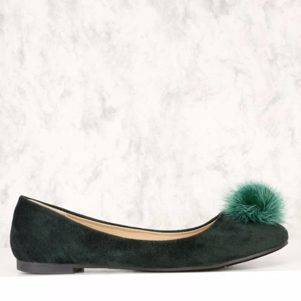 Deep Green Pom Pom Slip On Flats