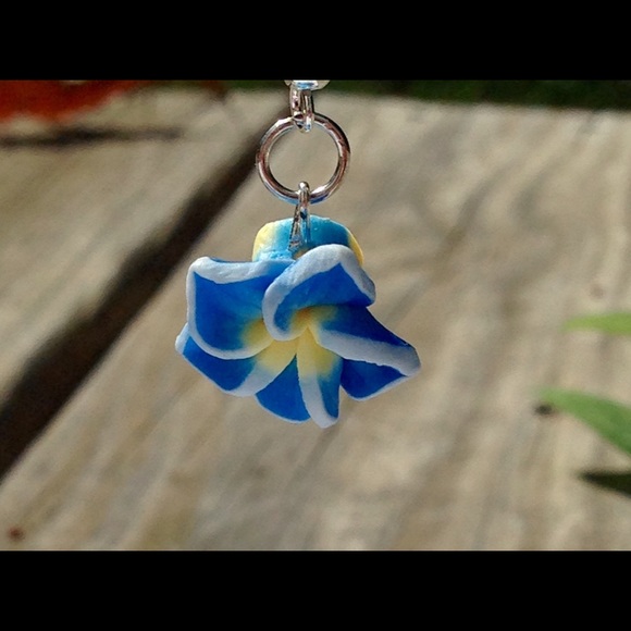 Blue Hawaiian Plumeria Flower Earrings - Picture 2 of 3