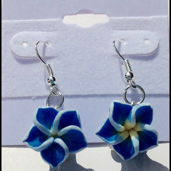 Blue Hawaiian Plumeria Flower Earrings - Picture 3 of 3