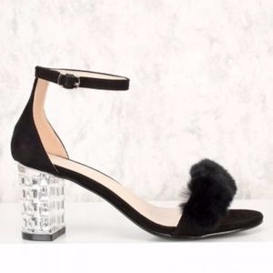 Black Open Toe Clear Gemstone Chunky Heels