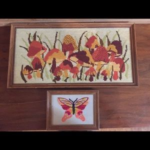 Vintage Needlepoint Butterfly and Mushrooms
