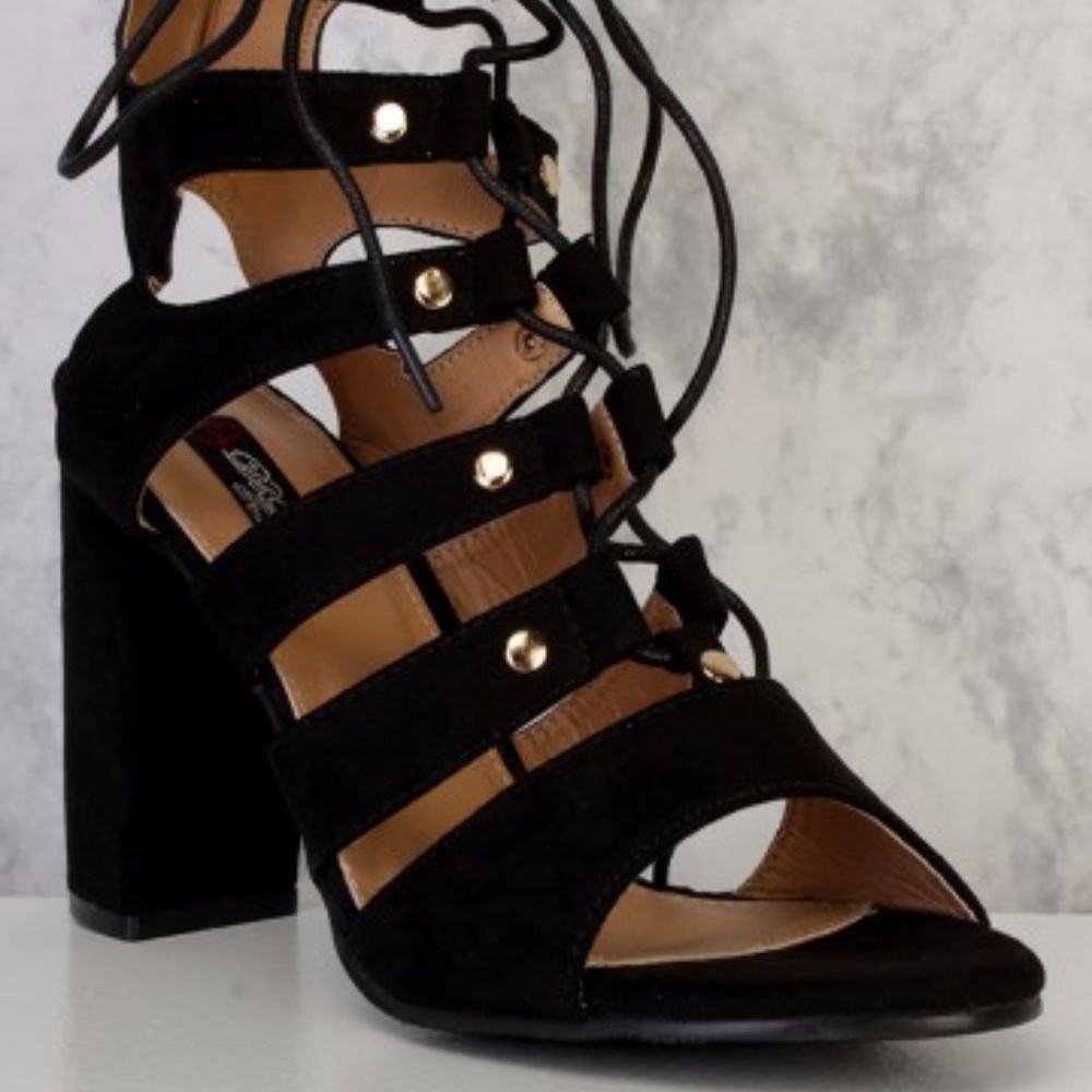 Black Ankle Lace Up Peep Toe Chunky Heel Boots