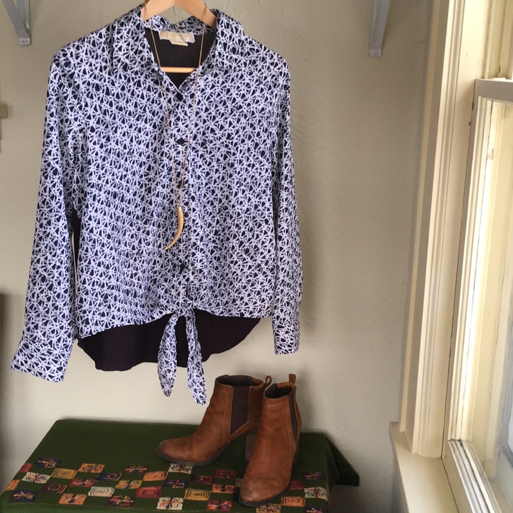 Michael Kors Button Front Blouse Navy/White w/ Tie