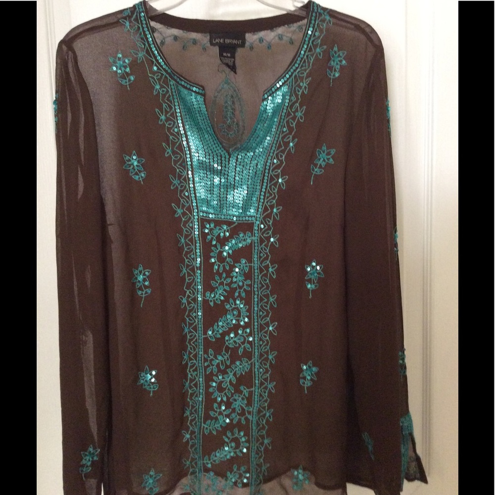Sheer blouse brn & turquoise sz 14/16