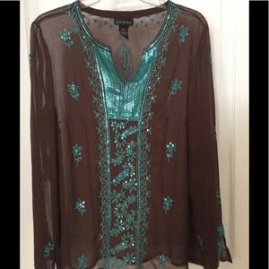 Sheer blouse brn & turquoise sz 14/16