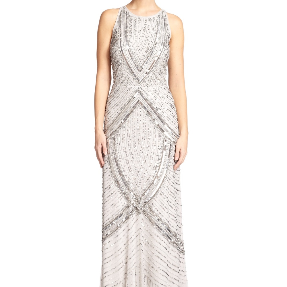 Aidan Mattox Metallic Beaded Silver Sequin Gown
