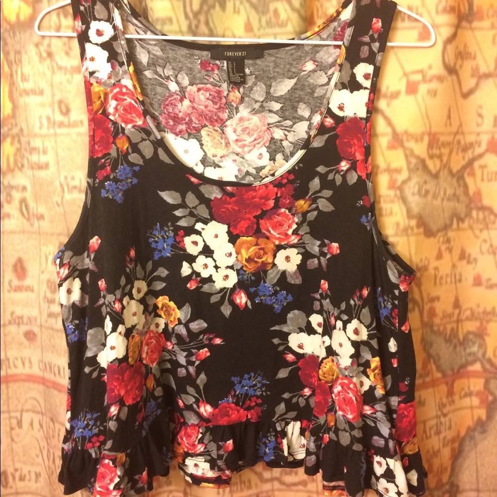🌹 Forever 21 Floral Crop Top L Red Black