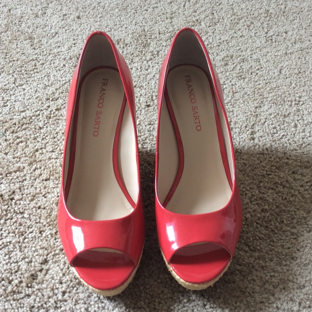 Franco Sarto Patent Leather Open Toe Straw Wedge