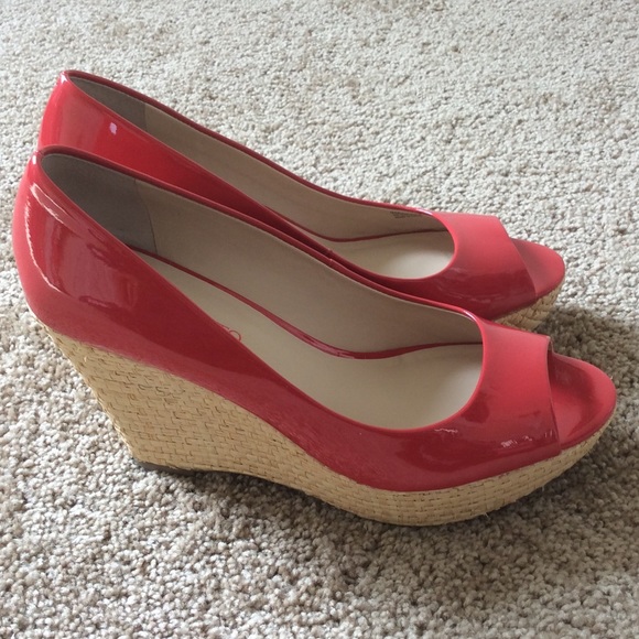 Franco Sarto Patent Leather Open Toe Straw Wedge - Picture 2 of 5