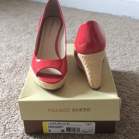 Franco Sarto Patent Leather Open Toe Straw Wedge - Picture 4 of 5