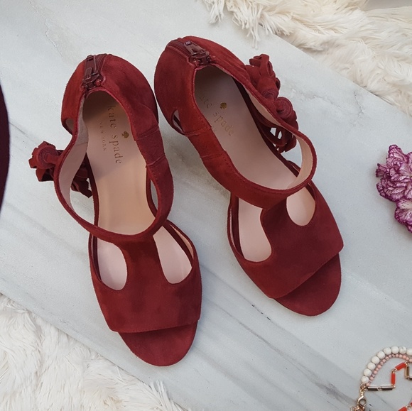 Kate Spade Suede T-strap Open Toe Red Wine Shoes - Picture 3 of 8
