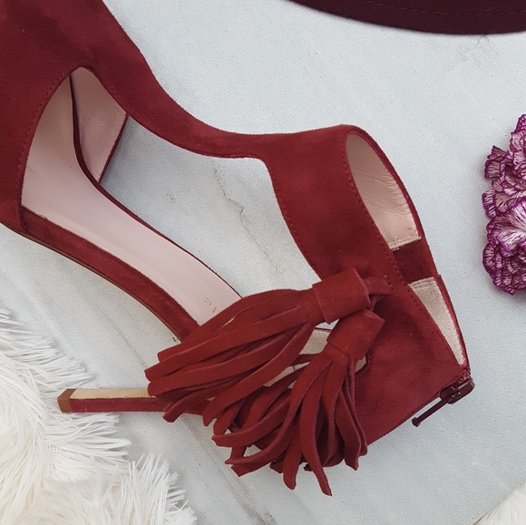 Kate Spade Suede T-strap Open Toe Red Wine Shoes - Picture 4 of 8