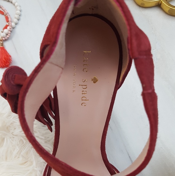 Kate Spade Suede T-strap Open Toe Red Wine Shoes - Picture 5 of 8