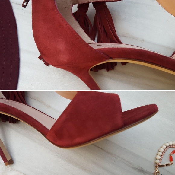 Kate Spade Suede T-strap Open Toe Red Wine Shoes - Picture 8 of 8