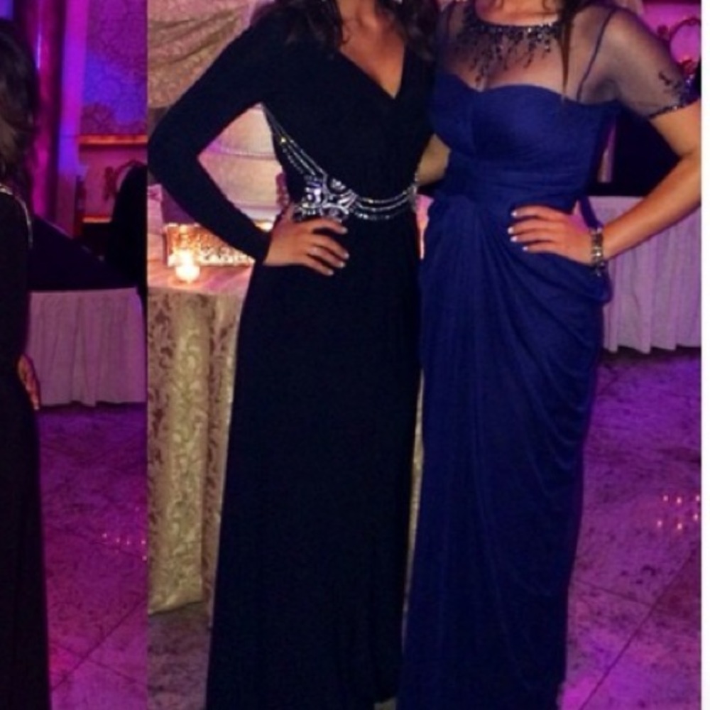 Adrianna Papell Navy Gown with Beaded Mesh top