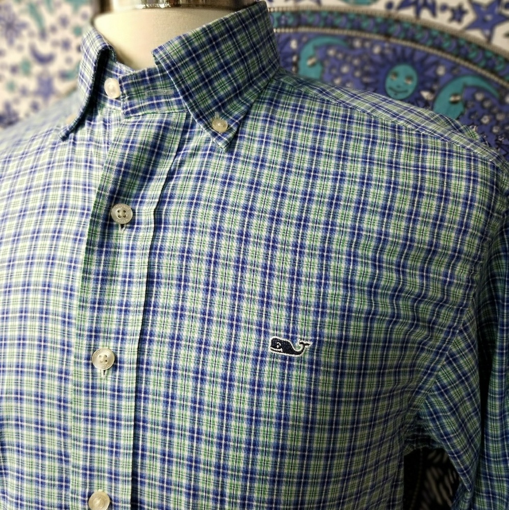 Vineyard Vines Blue Green Plaid Whale Shirt sz S