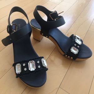 KateSpade chunky heel rhinestone/denim sandal