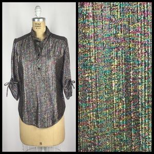 Vintage Rainbow Metallic Blouse 3/4 Tie Up Sleeves Vintage Rainbow Metallic Blouse 3/4 Tie Up Sleeves