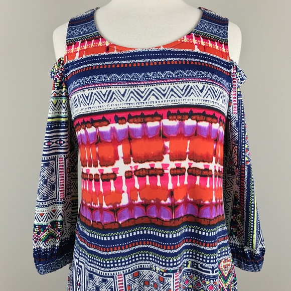 {New Directions} Open Shoulder Printed Swing Dress - Picture 2 of 8