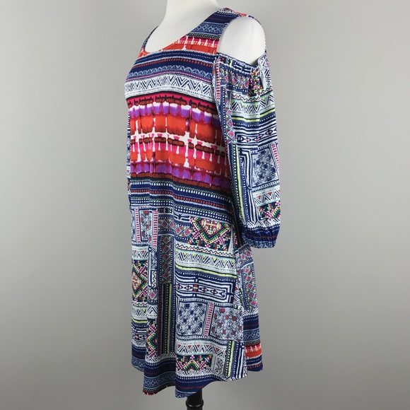 {New Directions} Open Shoulder Printed Swing Dress - Picture 3 of 8