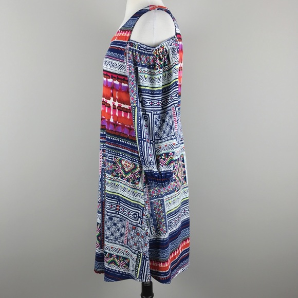 {New Directions} Open Shoulder Printed Swing Dress - Picture 4 of 8