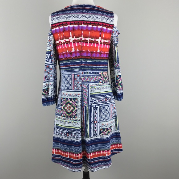 {New Directions} Open Shoulder Printed Swing Dress - Picture 6 of 8