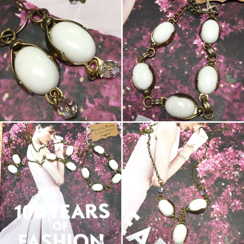Vintage Jewelry Set, Milk Glass, Antique, White