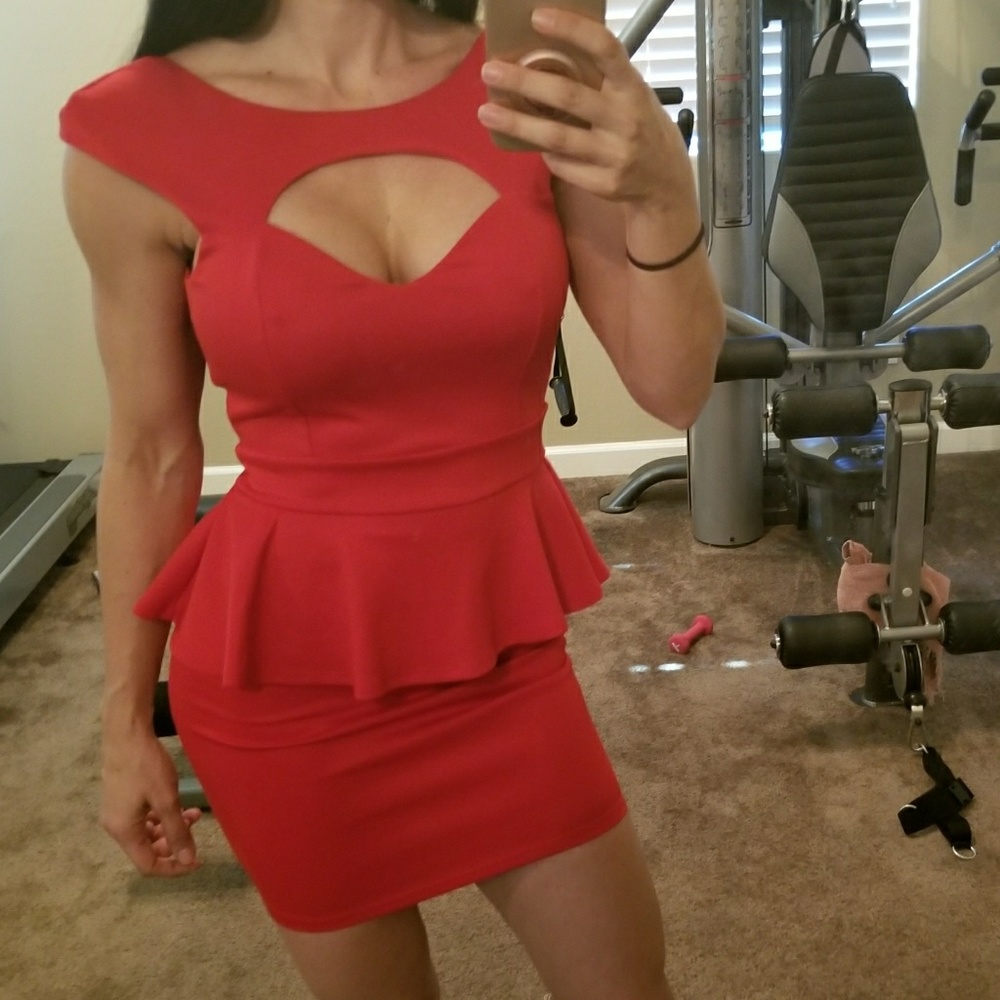 Arden B Red Peplum Dress, Front Keyhole & V Back