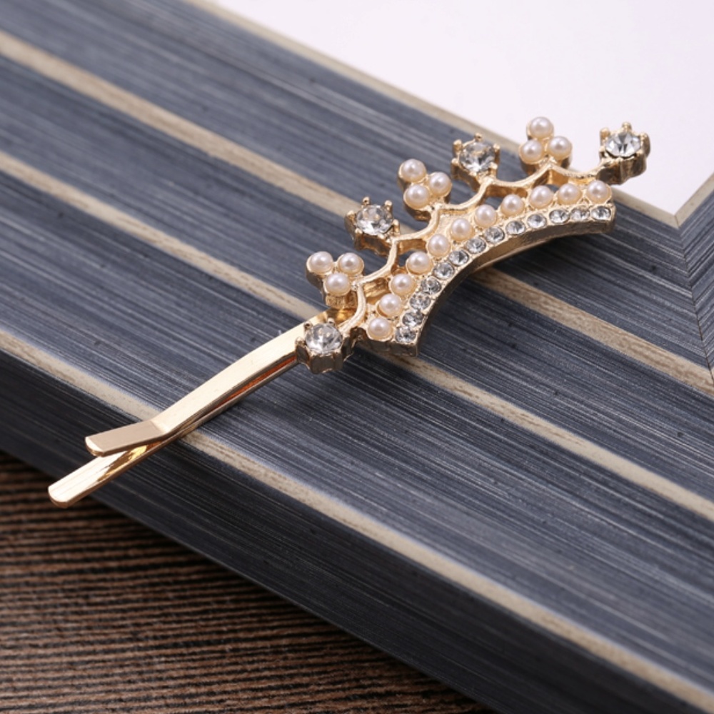 Gold Tone Crown with Pearl Rhinestone Bobby Pin - Picture 4 of 5
