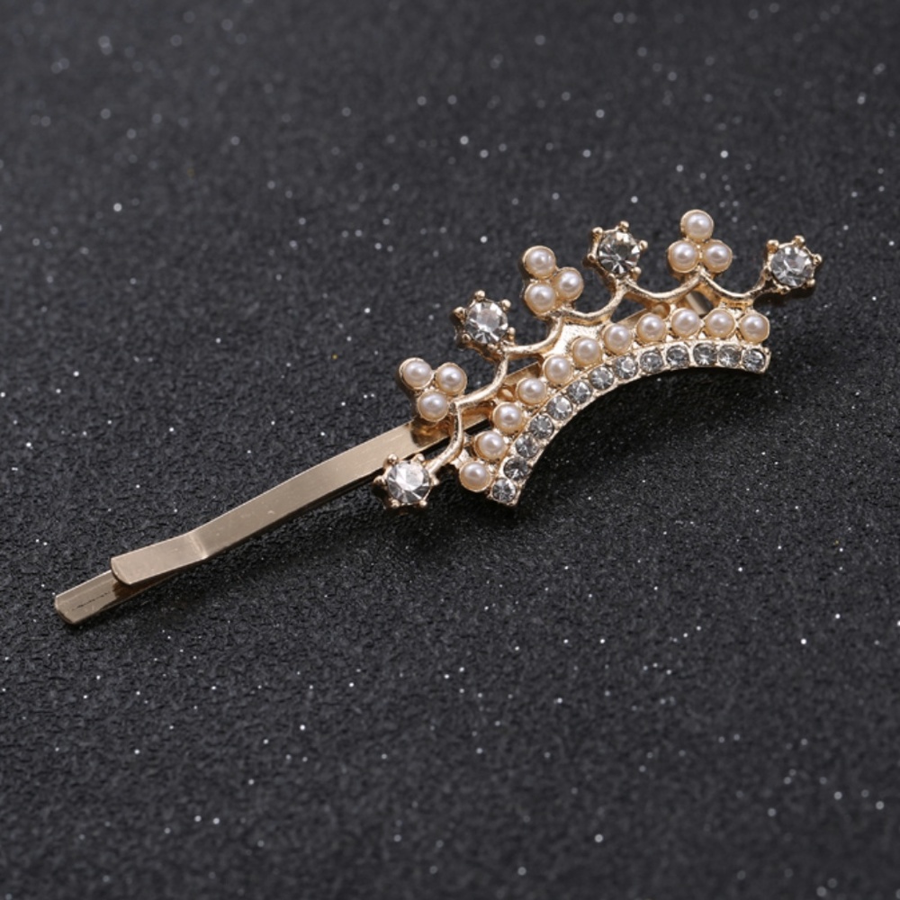 Gold Tone Crown with Pearl Rhinestone Bobby Pin - Picture 5 of 5
