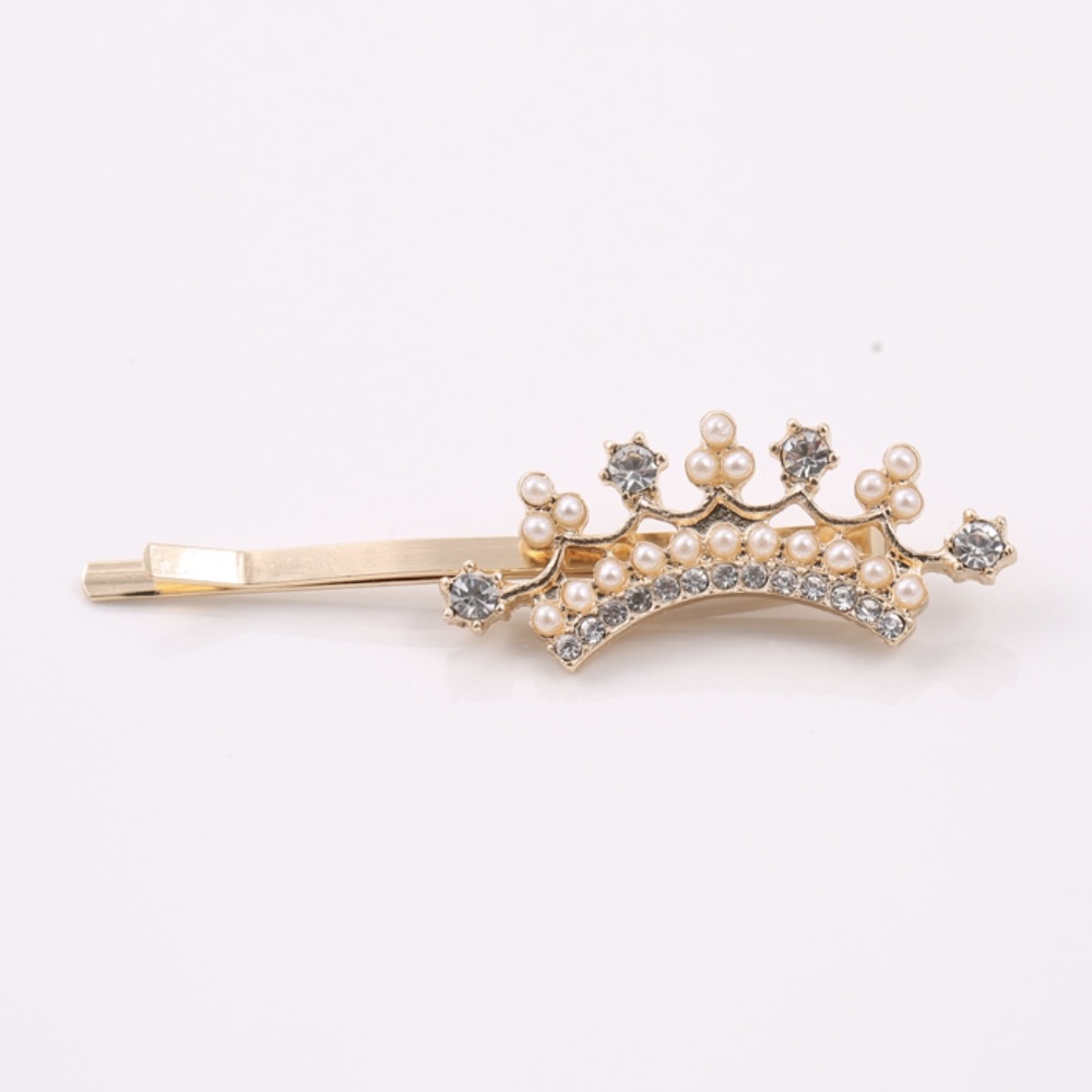 Gold Tone Crown with Pearl Rhinestone Bobby Pin - Picture 2 of 5