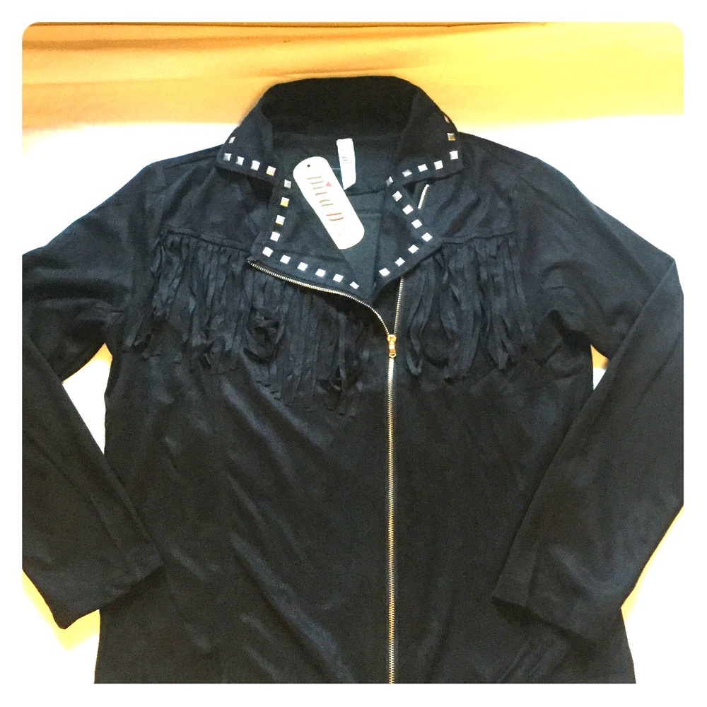 Black Suede Embellished Fringe Moto Jacket