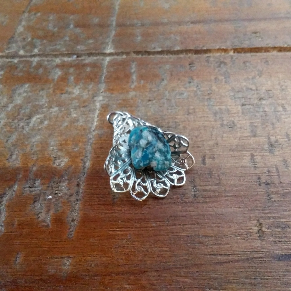 Blue Stone and Silvertone Fan Pendant