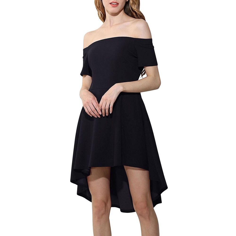 SOLD -Casual Flared Swing Off Shoulder Black Dress