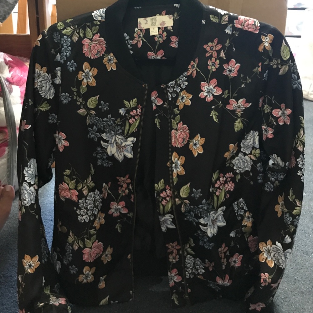 Black Floral Print Bomber Jacket