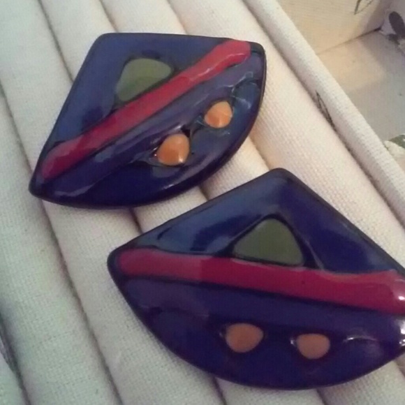 Large Vintage Enamel Pierced Earrings - Picture 3 of 3