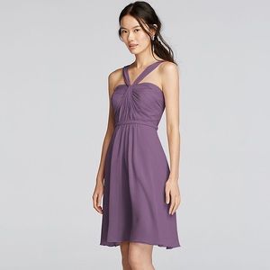 Y-Neck Ruched Bodice Crinkle Chiffon Short Dress
