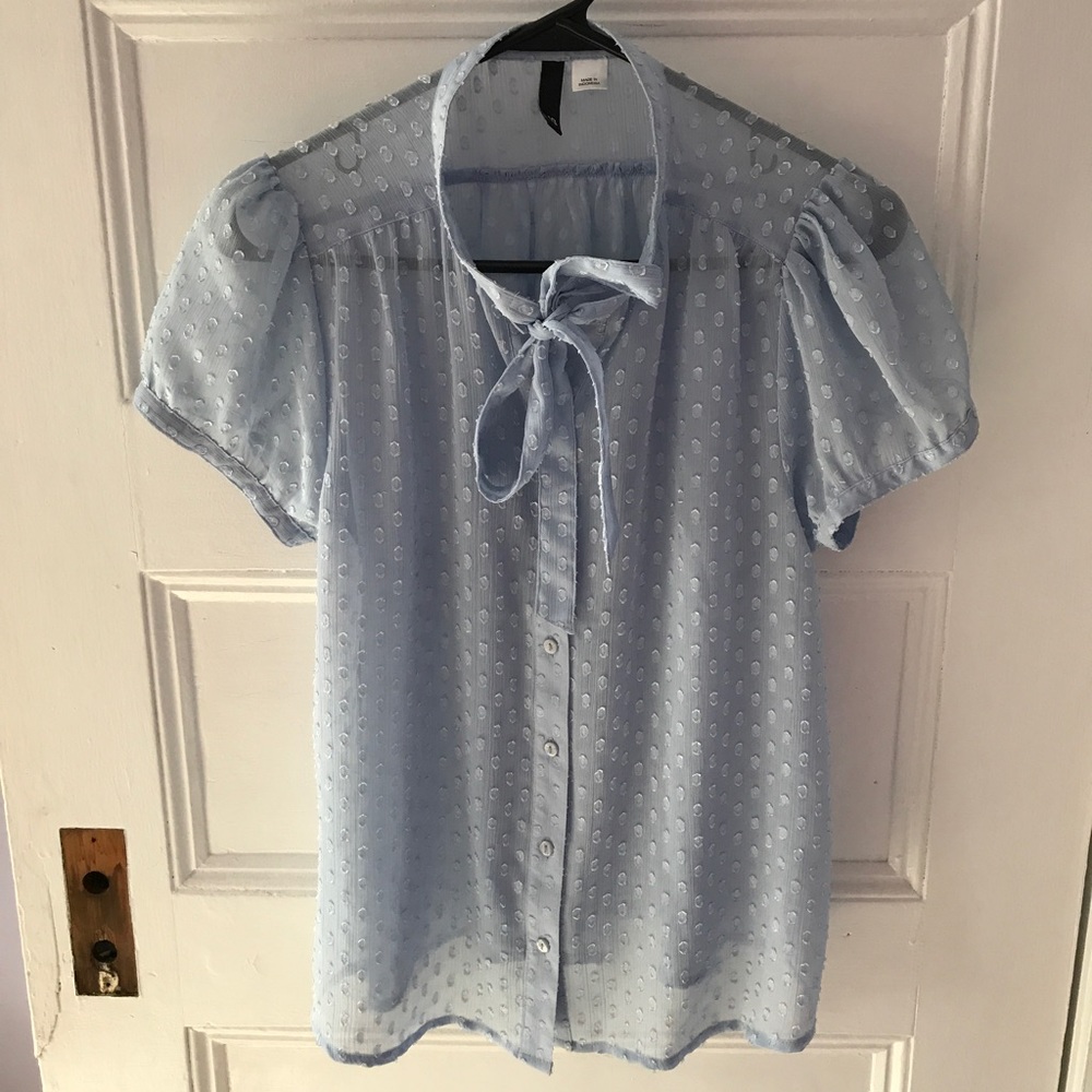 Sheer blue button up with 🎀 detail