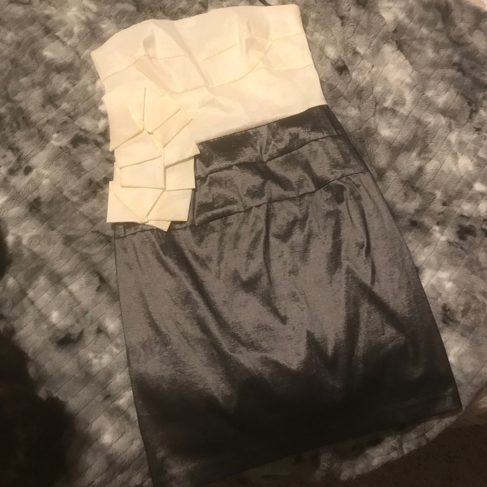 Gray and white strapless formal dress