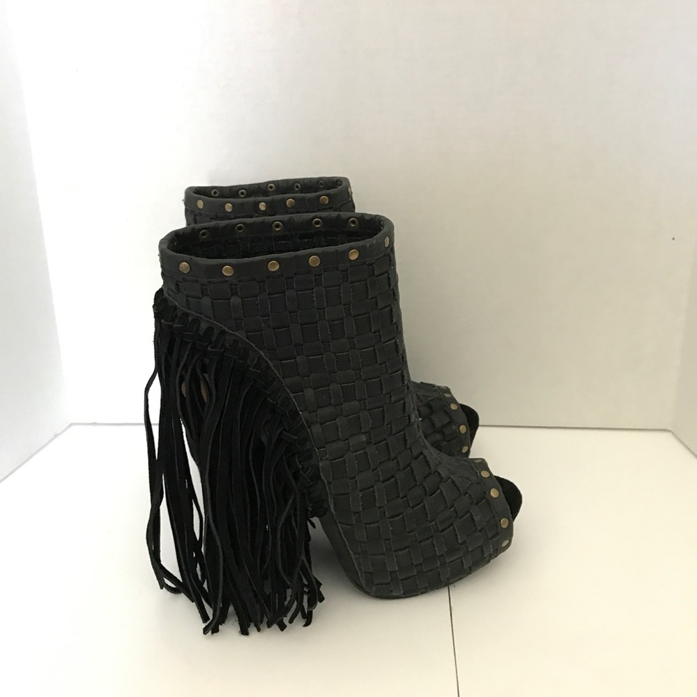 NYLA Peep Toe Booties Black Leather Fringe