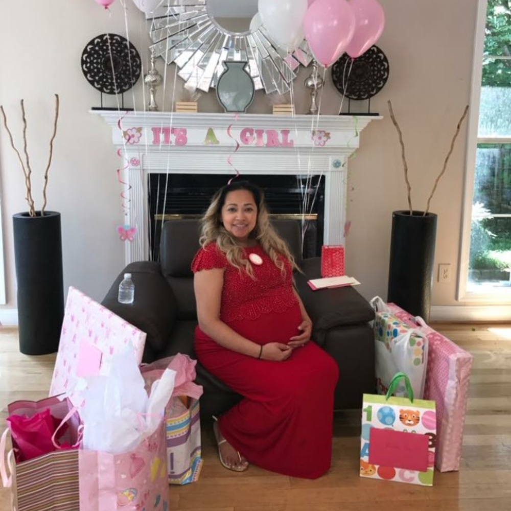 Red evening gown with gold studs.