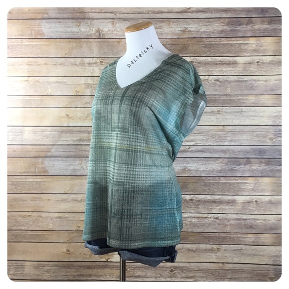 DKNY JEANS plaid drape sleeve top - Picture 2 of 5